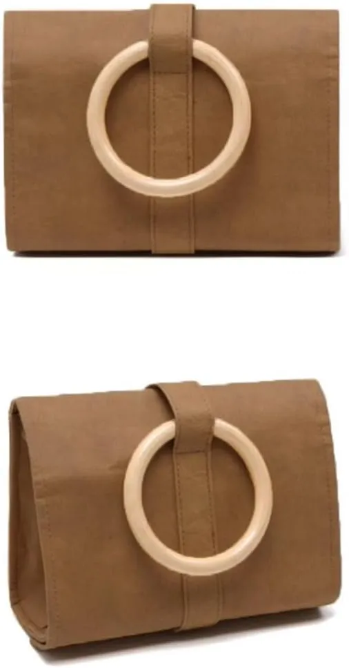 Women's Small Washable Kraft Paper Shoulder Bag, Minimalist Sustainable Recycled Natural Fibers Vegan Bag with Wooden Handle, Gifts for Girlfriend, Sister and Mother