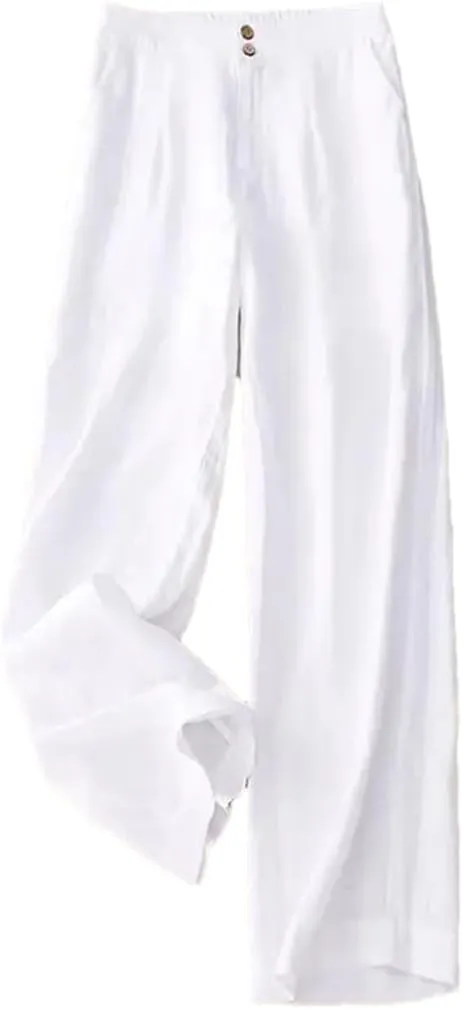 Women's Solid Color Straight Pants Casual Button Fly Wide Leg Pants Cotton Harem Pants