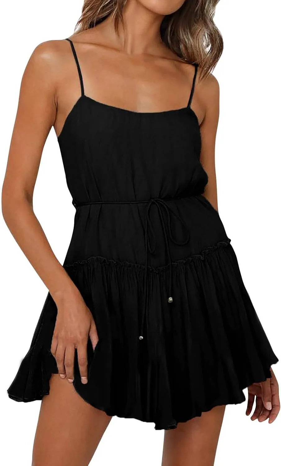 Womens Spaghetti Straps Mini Dress Summer Scoop Neck Lace up Ruffle Hem A Line Dress Flowy Tiered Swing Skater Dress