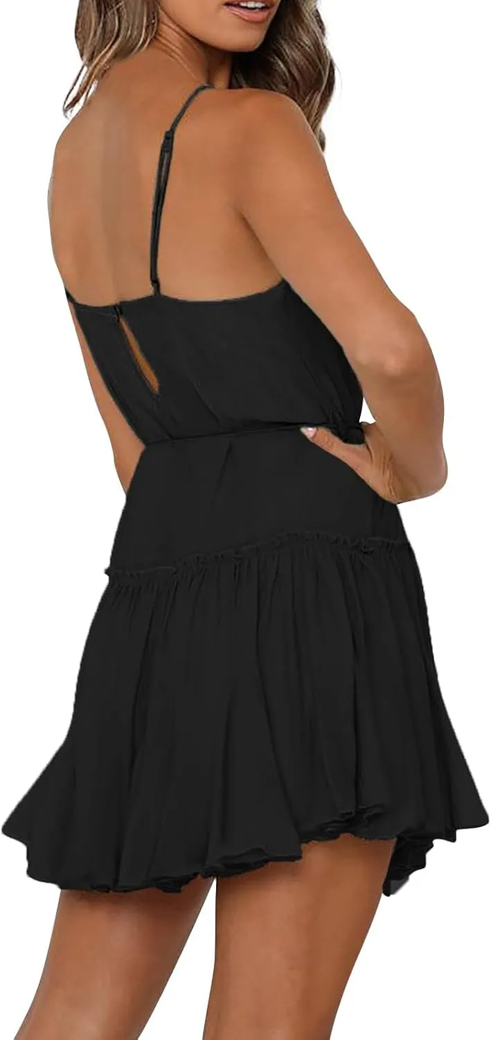 Womens Spaghetti Straps Mini Dress Summer Scoop Neck Lace up Ruffle Hem A Line Dress Flowy Tiered Swing Skater Dress