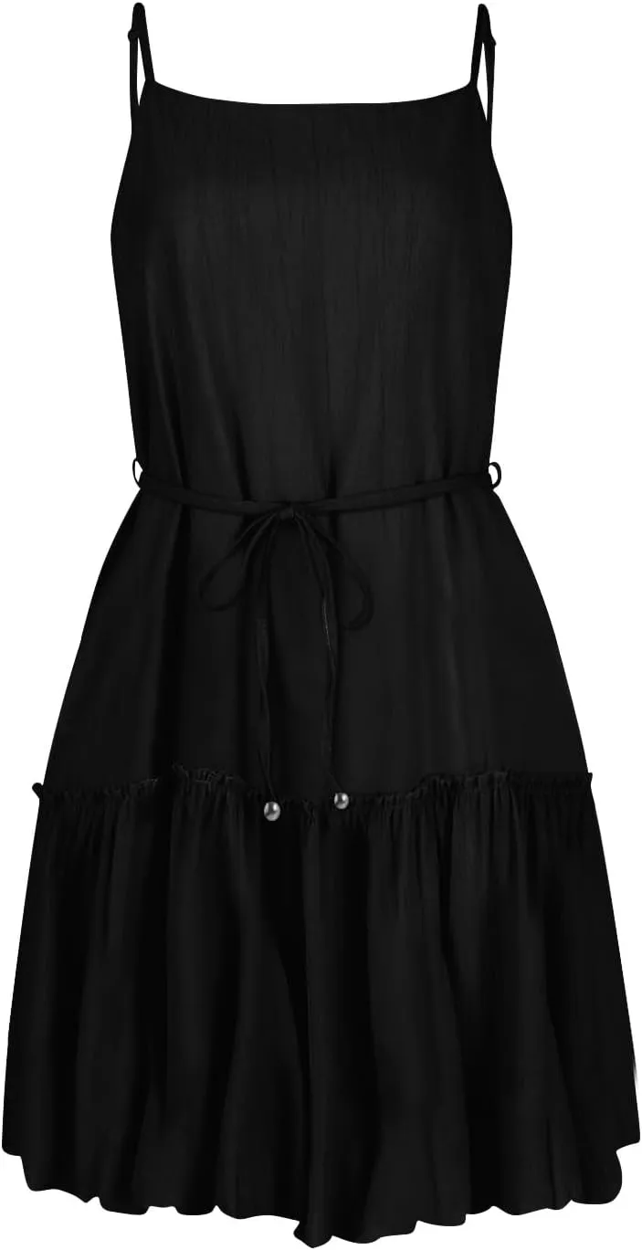 Womens Spaghetti Straps Mini Dress Summer Scoop Neck Lace up Ruffle Hem A Line Dress Flowy Tiered Swing Skater Dress