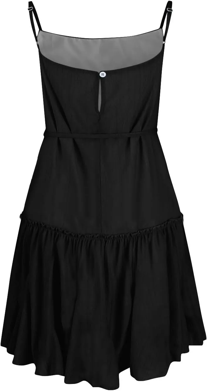 Womens Spaghetti Straps Mini Dress Summer Scoop Neck Lace up Ruffle Hem A Line Dress Flowy Tiered Swing Skater Dress