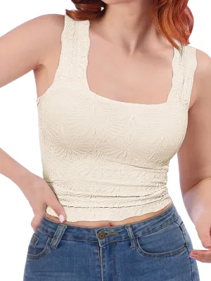 Womens Square Neck Wide Strap Flower Cropped Tank Top Backless Lettuce Trim Slim Fit Love Letter Cami Vest