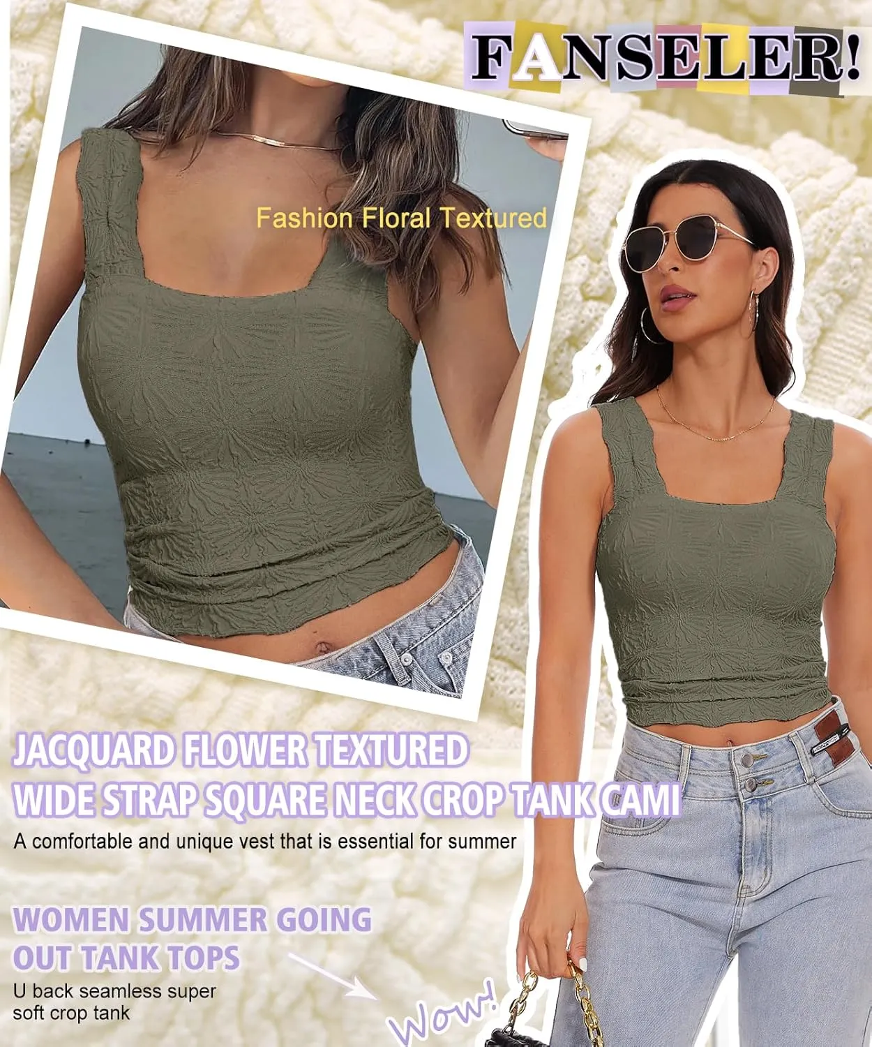 Womens Square Neck Wide Strap Flower Cropped Tank Top Backless Lettuce Trim Slim Fit Love Letter Cami Vest