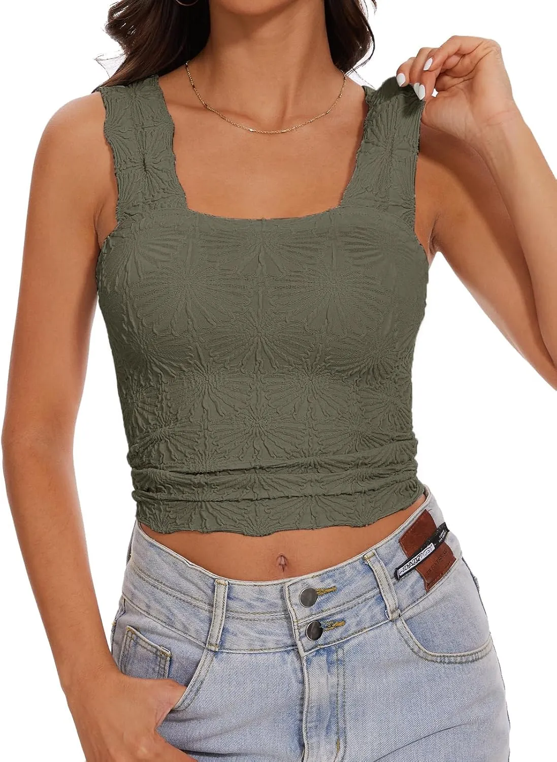 Womens Square Neck Wide Strap Flower Cropped Tank Top Backless Lettuce Trim Slim Fit Love Letter Cami Vest