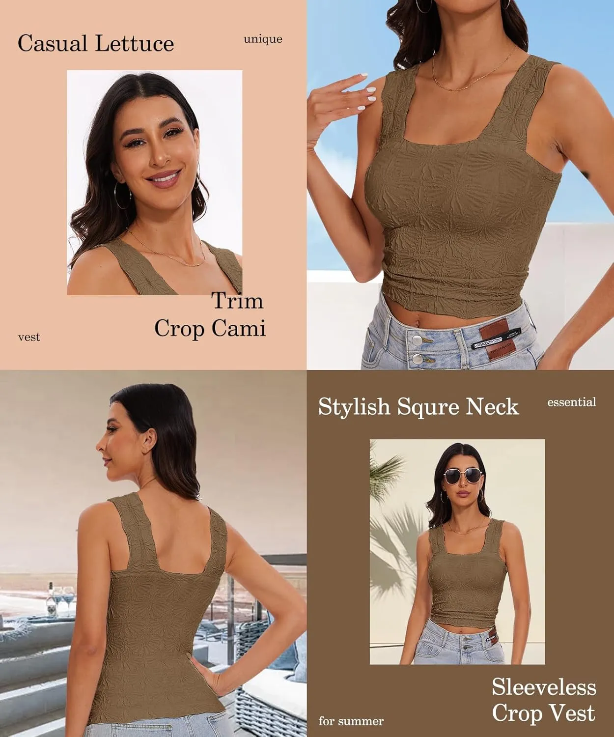 Womens Square Neck Wide Strap Flower Cropped Tank Top Backless Lettuce Trim Slim Fit Love Letter Cami Vest