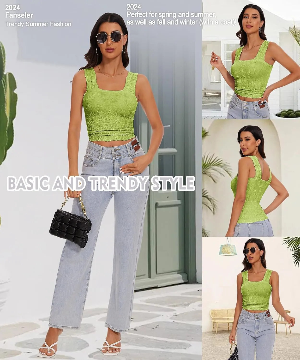 Womens Square Neck Wide Strap Flower Cropped Tank Top Backless Lettuce Trim Slim Fit Love Letter Cami Vest