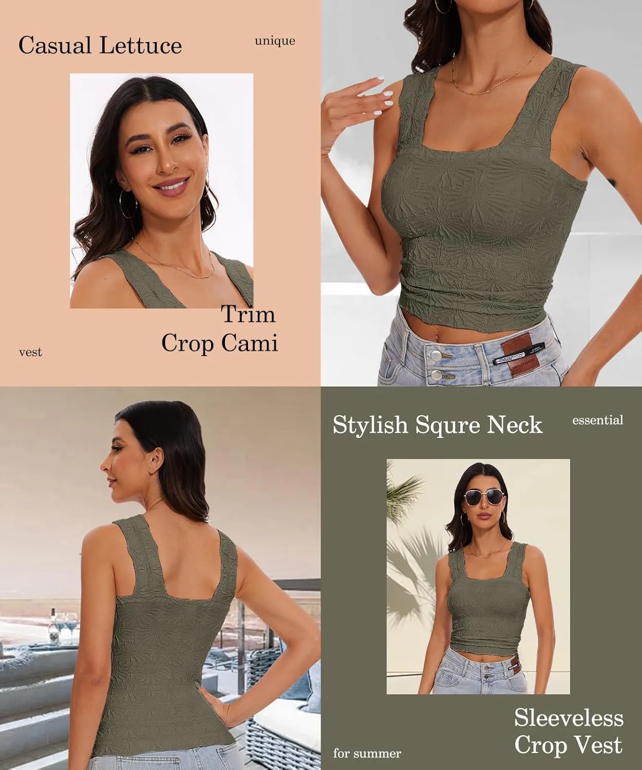 Womens Square Neck Wide Strap Flower Cropped Tank Top Backless Lettuce Trim Slim Fit Love Letter Cami Vest