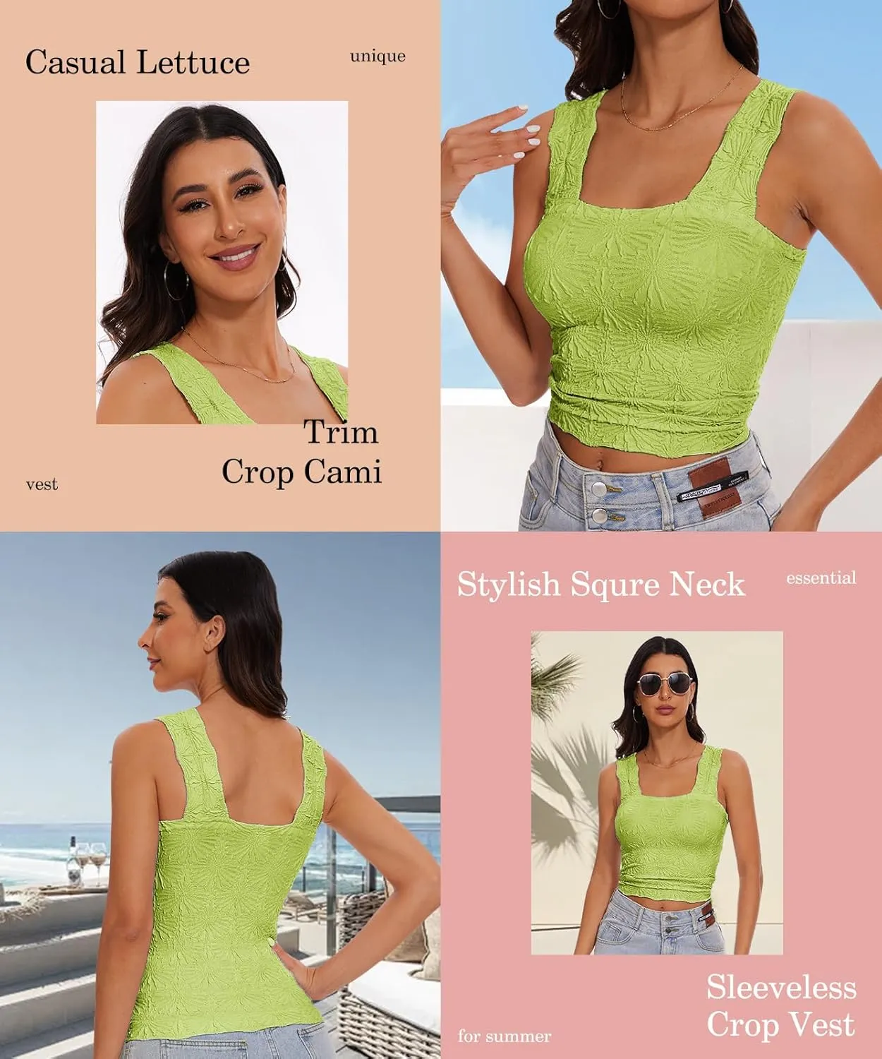 Womens Square Neck Wide Strap Flower Cropped Tank Top Backless Lettuce Trim Slim Fit Love Letter Cami Vest