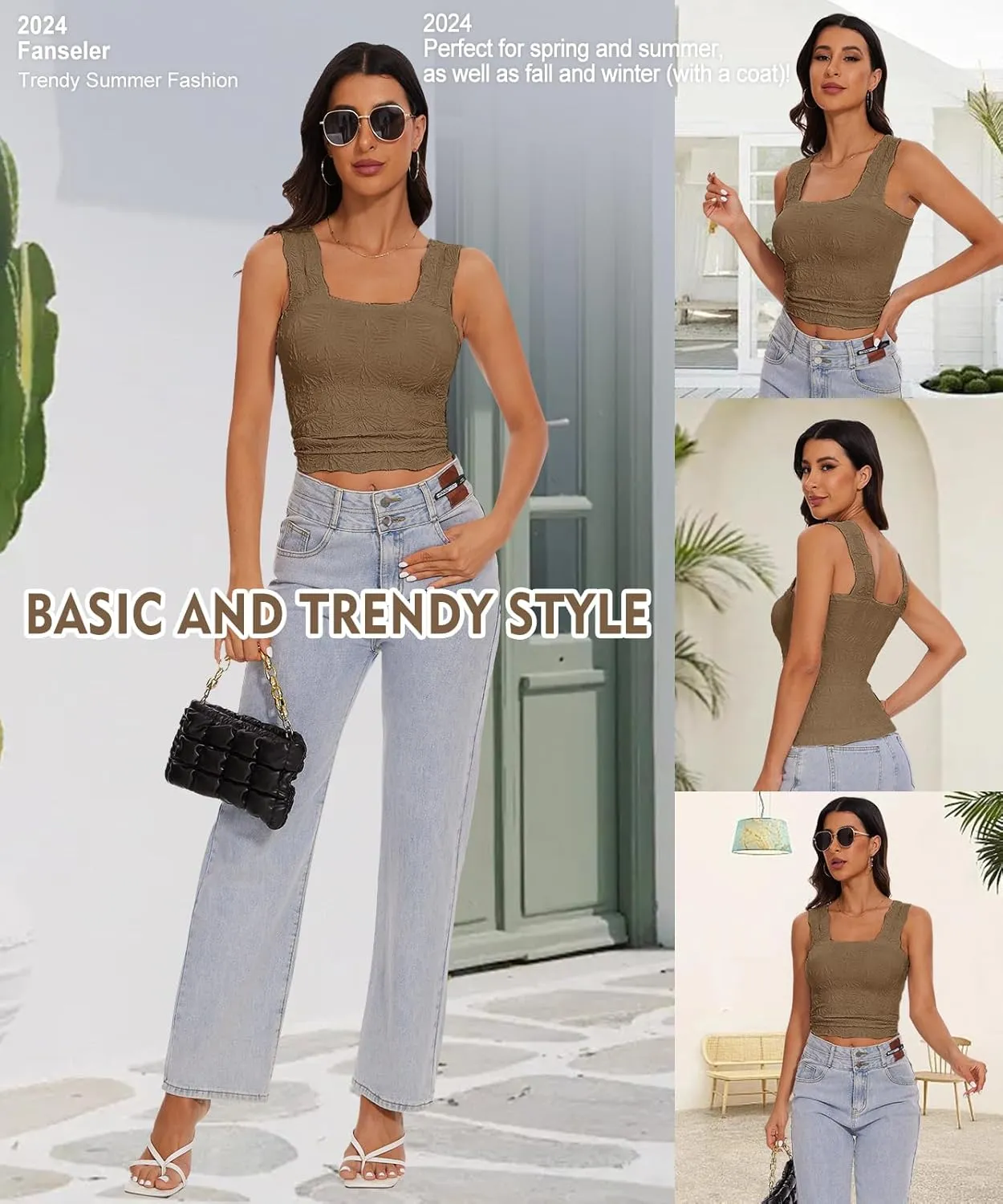 Womens Square Neck Wide Strap Flower Cropped Tank Top Backless Lettuce Trim Slim Fit Love Letter Cami Vest