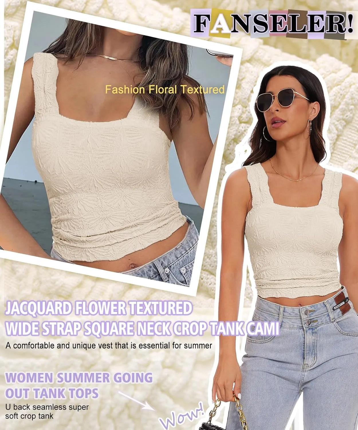 Womens Square Neck Wide Strap Flower Cropped Tank Top Backless Lettuce Trim Slim Fit Love Letter Cami Vest