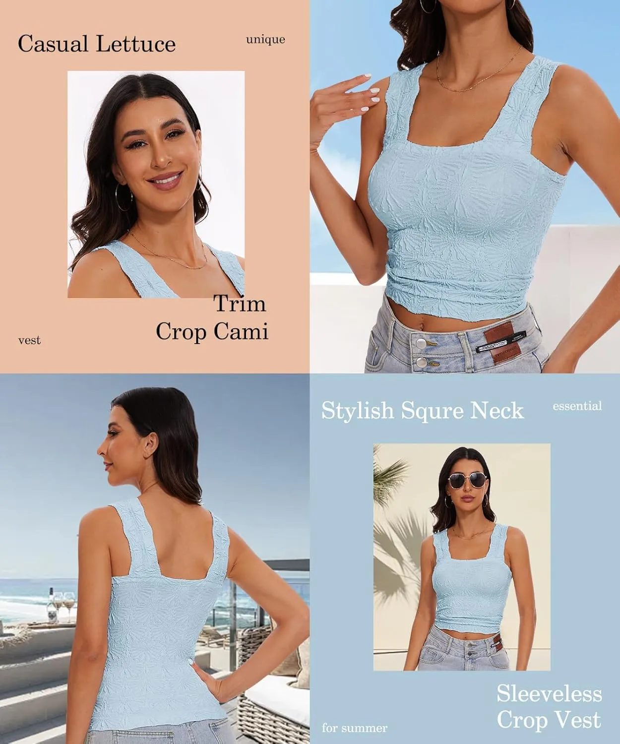 Womens Square Neck Wide Strap Flower Cropped Tank Top Backless Lettuce Trim Slim Fit Love Letter Cami Vest