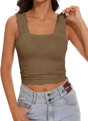 Womens Square Neck Wide Strap Flower Cropped Tank Top Backless Lettuce Trim Slim Fit Love Letter Cami Vest