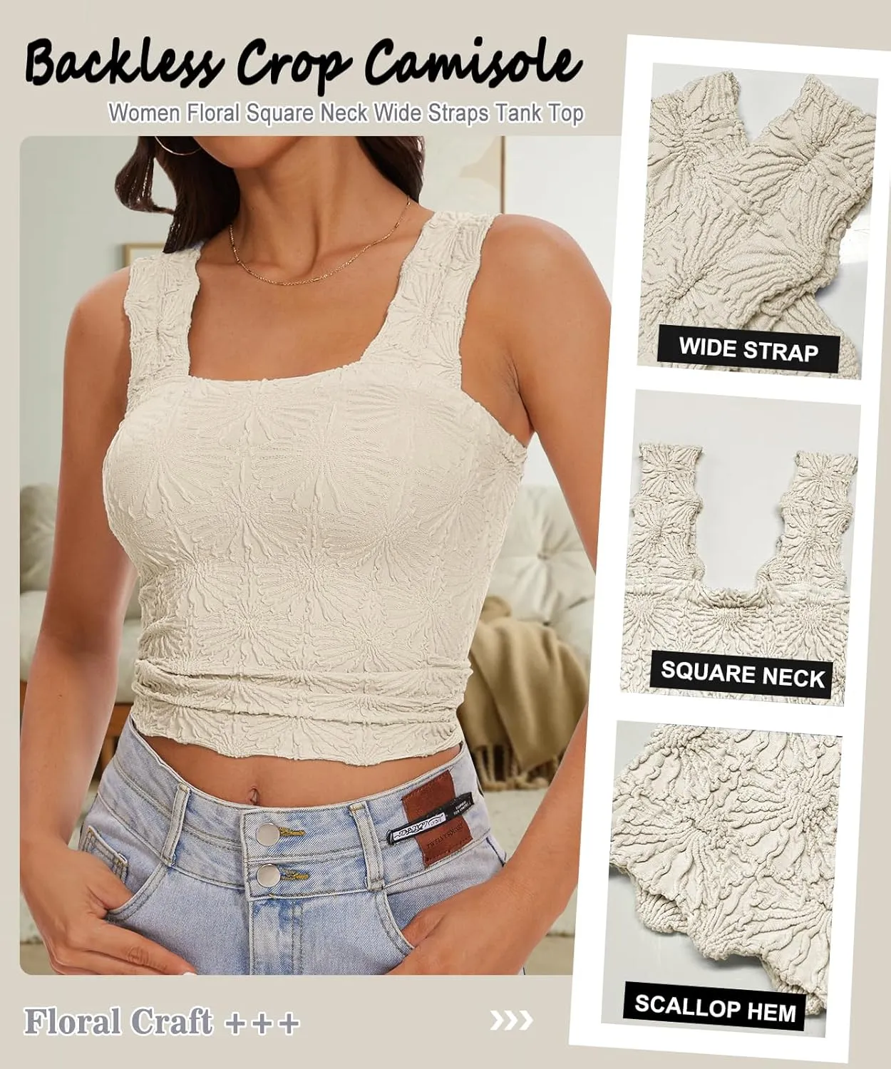 Womens Square Neck Wide Strap Flower Cropped Tank Top Backless Lettuce Trim Slim Fit Love Letter Cami Vest