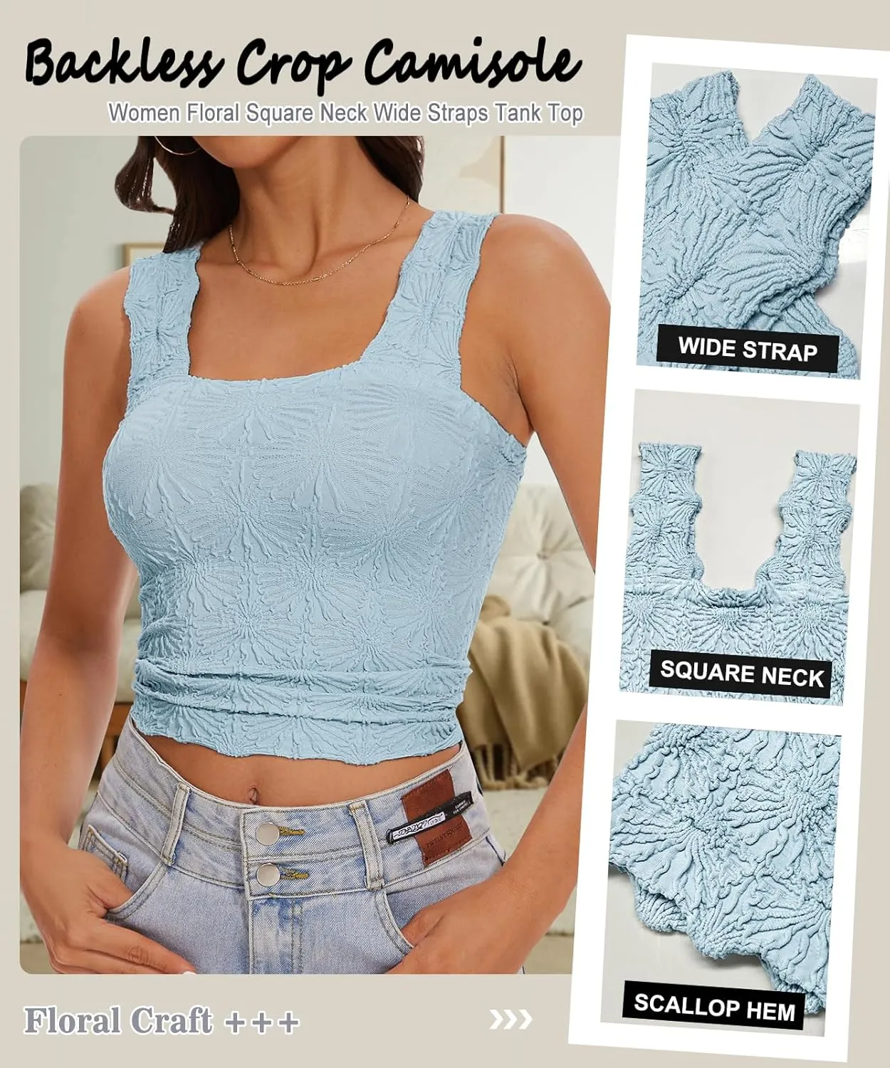 Womens Square Neck Wide Strap Flower Cropped Tank Top Backless Lettuce Trim Slim Fit Love Letter Cami Vest