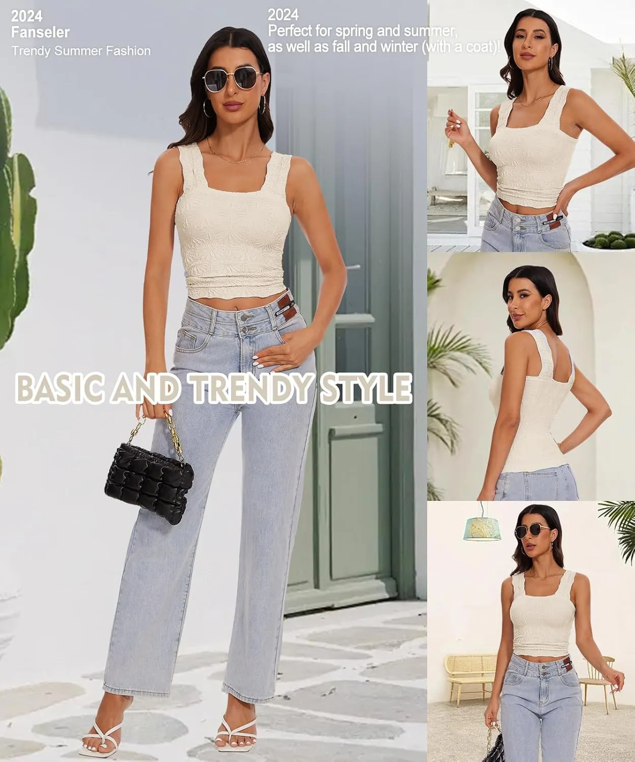 Womens Square Neck Wide Strap Flower Cropped Tank Top Backless Lettuce Trim Slim Fit Love Letter Cami Vest