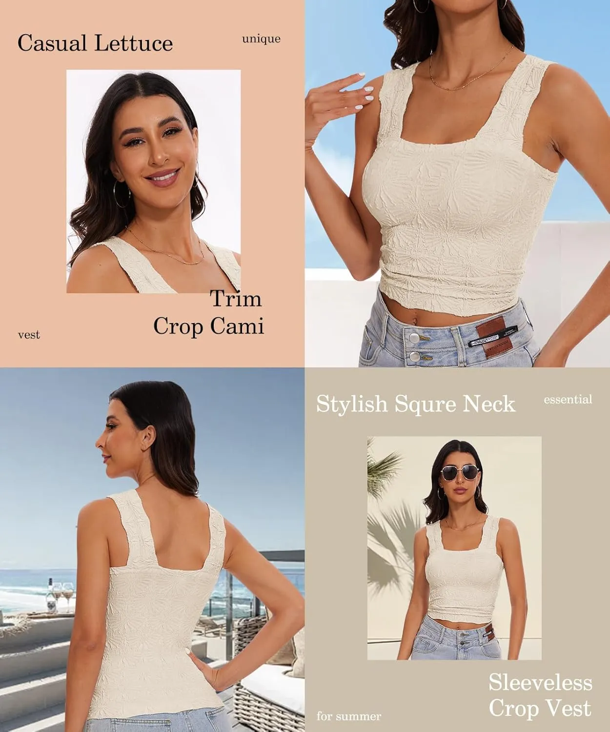 Womens Square Neck Wide Strap Flower Cropped Tank Top Backless Lettuce Trim Slim Fit Love Letter Cami Vest