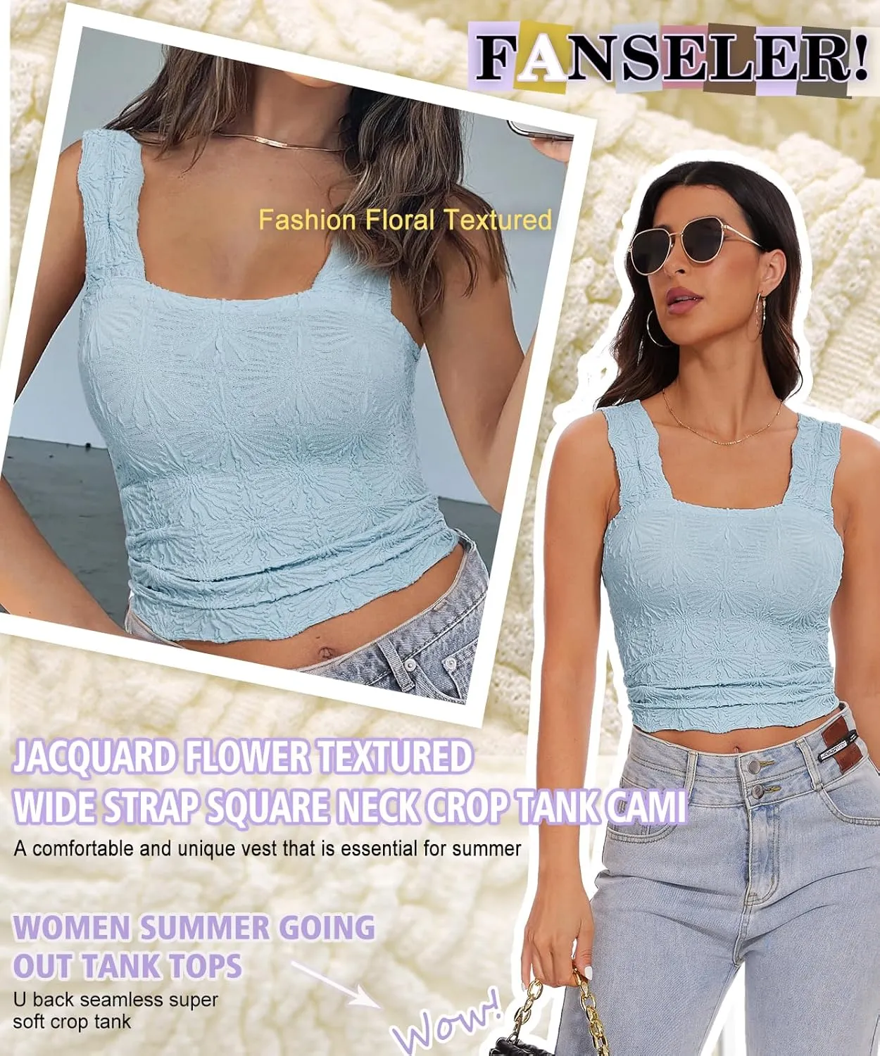 Womens Square Neck Wide Strap Flower Cropped Tank Top Backless Lettuce Trim Slim Fit Love Letter Cami Vest