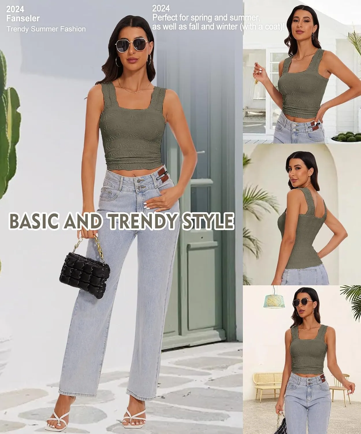 Womens Square Neck Wide Strap Flower Cropped Tank Top Backless Lettuce Trim Slim Fit Love Letter Cami Vest