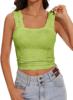 Womens Square Neck Wide Strap Flower Cropped Tank Top Backless Lettuce Trim Slim Fit Love Letter Cami Vest