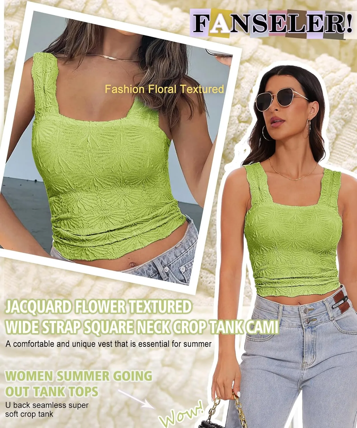 Womens Square Neck Wide Strap Flower Cropped Tank Top Backless Lettuce Trim Slim Fit Love Letter Cami Vest