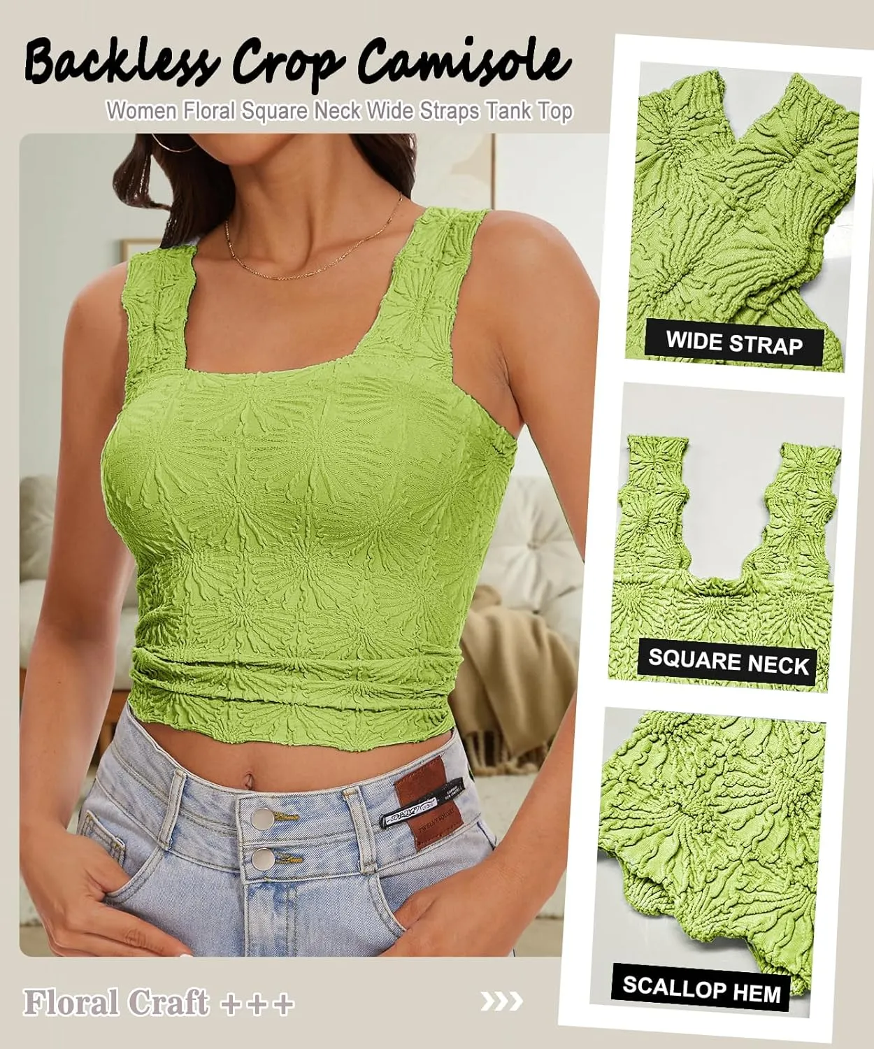 Womens Square Neck Wide Strap Flower Cropped Tank Top Backless Lettuce Trim Slim Fit Love Letter Cami Vest
