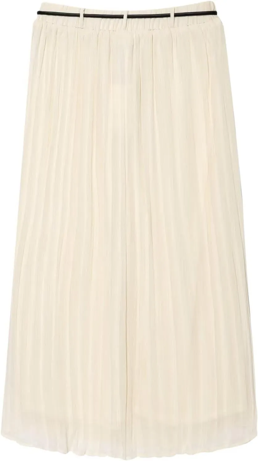 Women's Stylish Elegant Two-Piece Set, Flowy Semi-Sheer Ruffled Blouse with Elastic Waist Pleated Midi Skirt