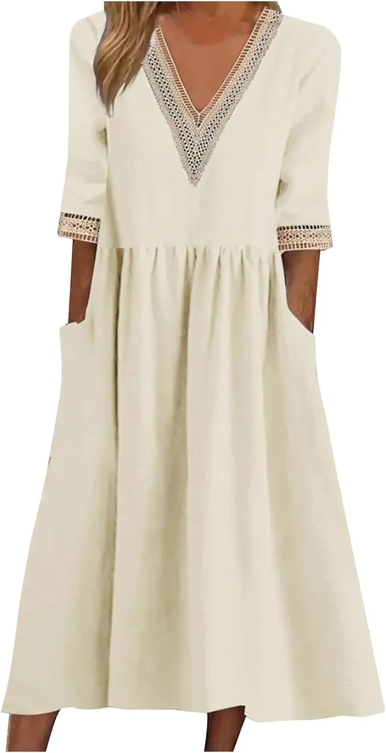 Women's Summer Casual Linen Dress Lace V Neck Half Sleeve A-Line Sundresses Pleated Flowy Loose Fit Midi Dresses