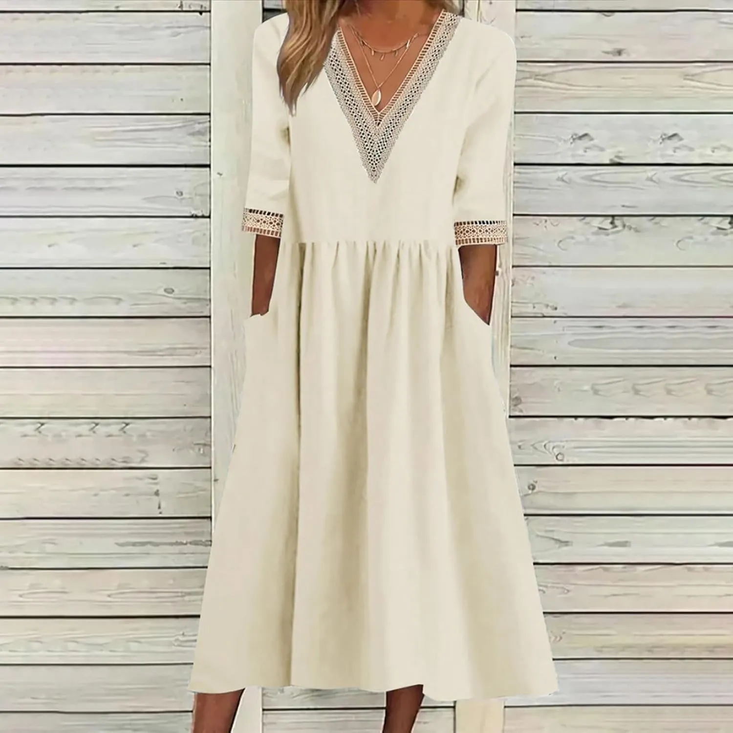 Women's Summer Casual Linen Dress Lace V Neck Half Sleeve A-Line Sundresses Pleated Flowy Loose Fit Midi Dresses