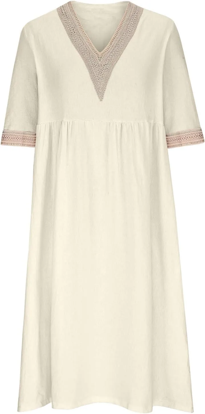 Women's Summer Casual Linen Dress Lace V Neck Half Sleeve A-Line Sundresses Pleated Flowy Loose Fit Midi Dresses