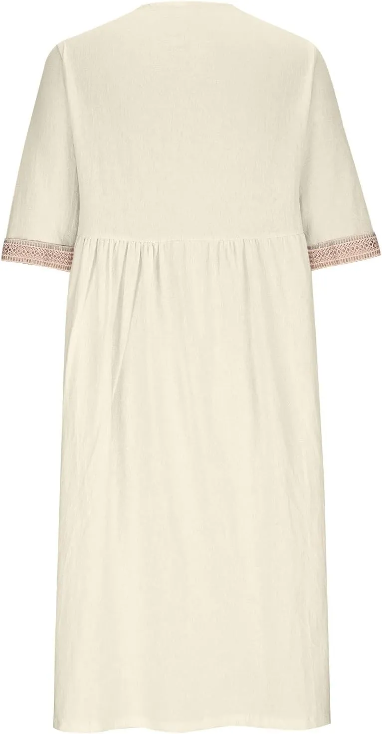 Women's Summer Casual Linen Dress Lace V Neck Half Sleeve A-Line Sundresses Pleated Flowy Loose Fit Midi Dresses