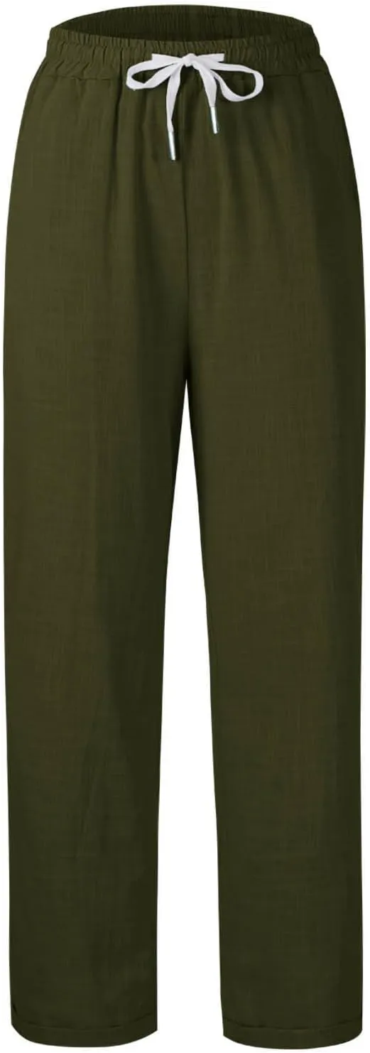 Women's Summer Casual Linen Pants Drawstring Elastic Waist Loose Fit Straight Leg Pants Comfy Beach Trousers with Pockets