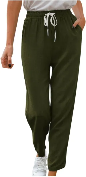 Women's Summer Casual Linen Pants Drawstring Elastic Waist Loose Fit Straight Leg Pants Comfy Beach Trousers with Pockets