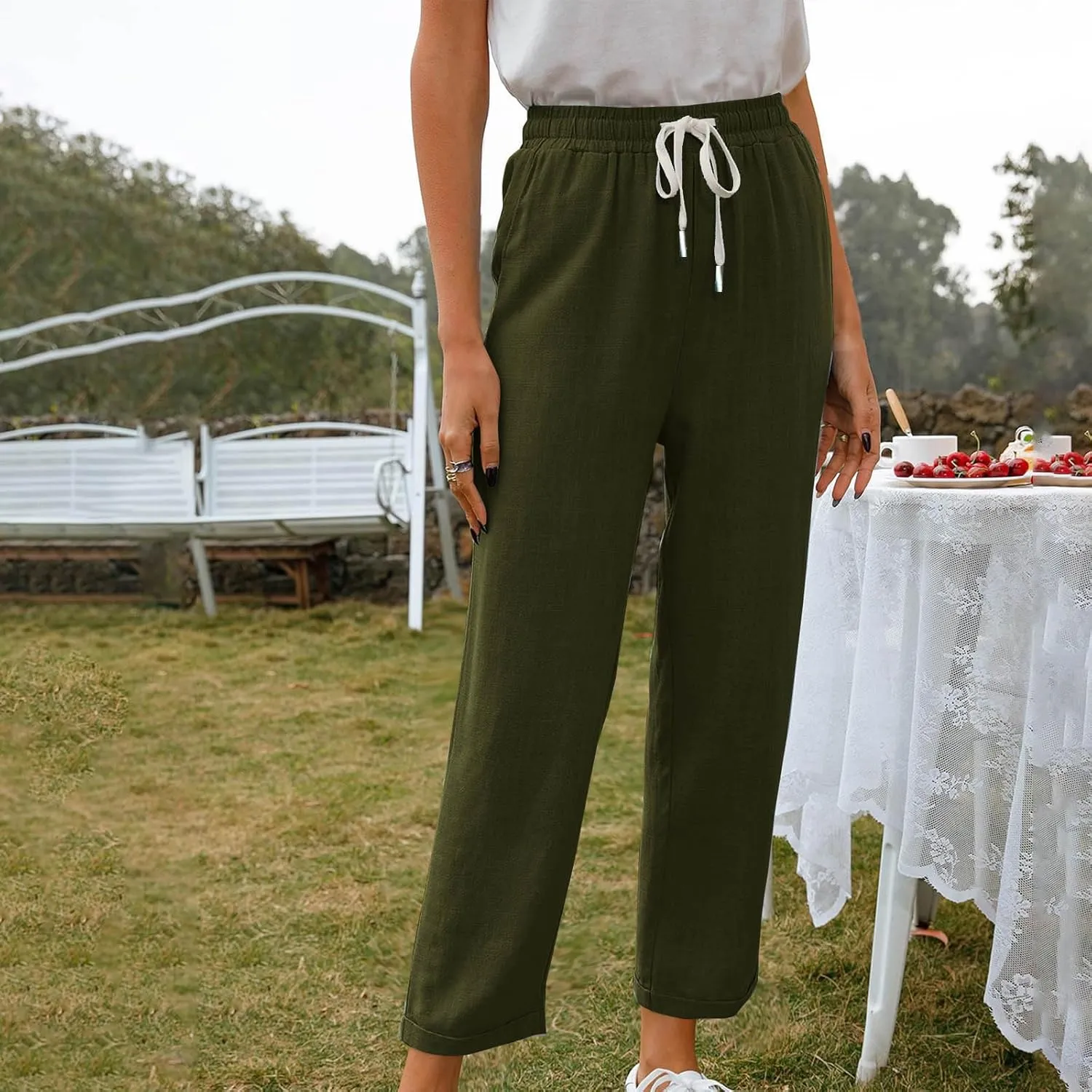 Women's Summer Casual Linen Pants Drawstring Elastic Waist Loose Fit Straight Leg Pants Comfy Beach Trousers with Pockets