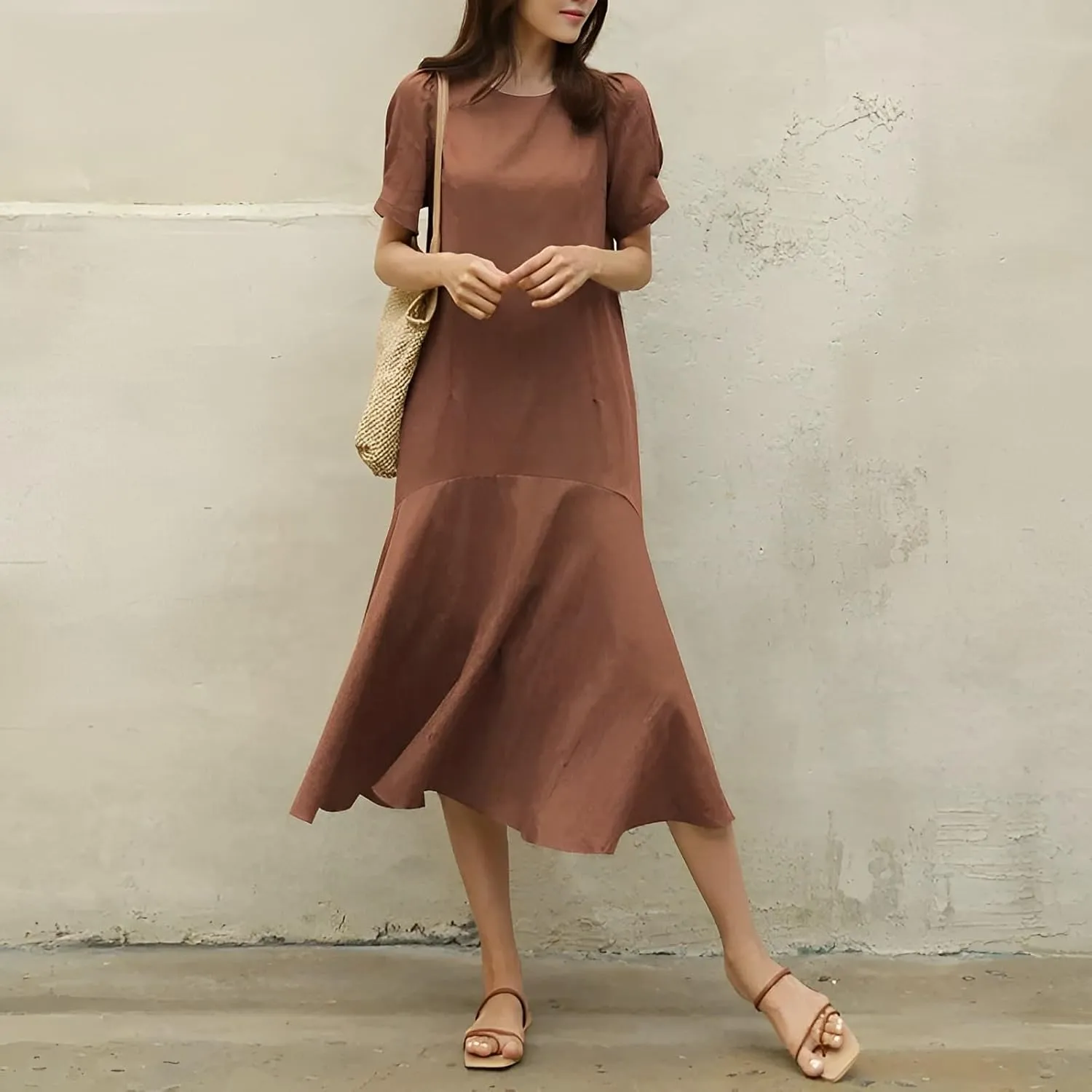 Womens Summer Cotton Linen Short Sleeve Crew Neck Dress Casual Loose Flowy Ruffle Hem Plus Size Midi Dresses for Women