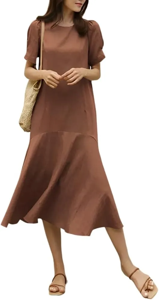 Womens Summer Cotton Linen Short Sleeve Crew Neck Dress Casual Loose Flowy Ruffle Hem Plus Size Midi Dresses for Women