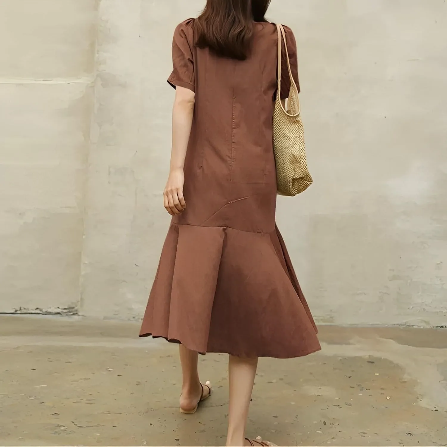 Womens Summer Cotton Linen Short Sleeve Crew Neck Dress Casual Loose Flowy Ruffle Hem Plus Size Midi Dresses for Women
