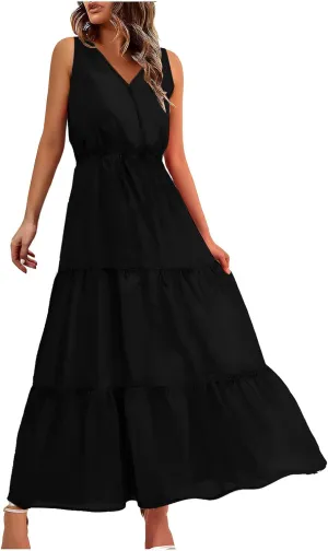 Womens Summer Dresses 2024 Casual Solid Color Sleeveless Maxi Dress Trendy Crewneck Wrap Sun Dress Summer Beach Outfits