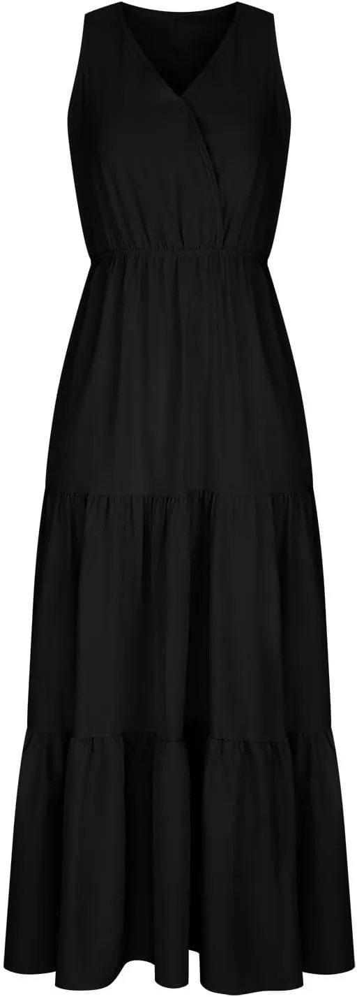 Womens Summer Dresses 2024 Casual Solid Color Sleeveless Maxi Dress Trendy Crewneck Wrap Sun Dress Summer Beach Outfits