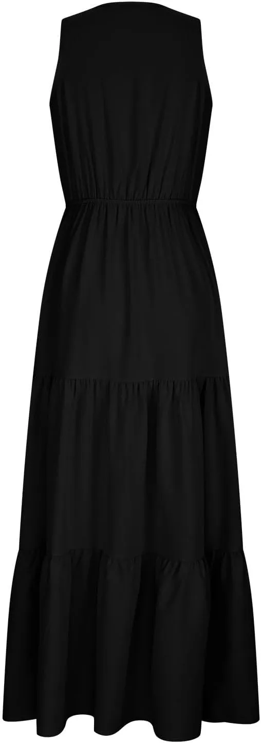 Womens Summer Dresses 2024 Casual Solid Color Sleeveless Maxi Dress Trendy Crewneck Wrap Sun Dress Summer Beach Outfits