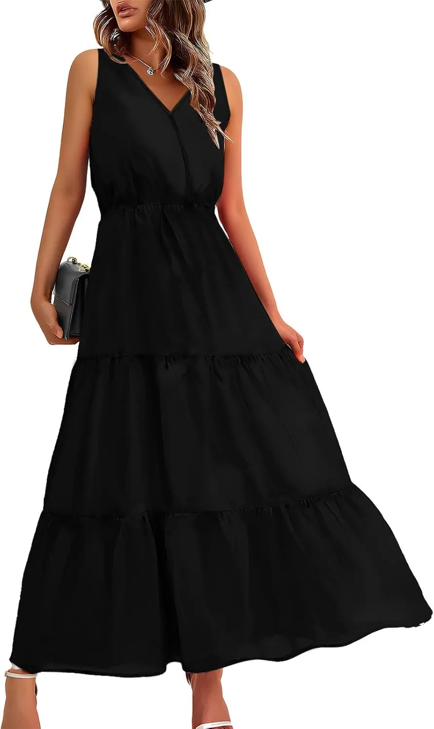 Womens Summer Dresses 2024 Casual Solid Color Sleeveless Maxi Dress Trendy Crewneck Wrap Sun Dress Summer Beach Outfits