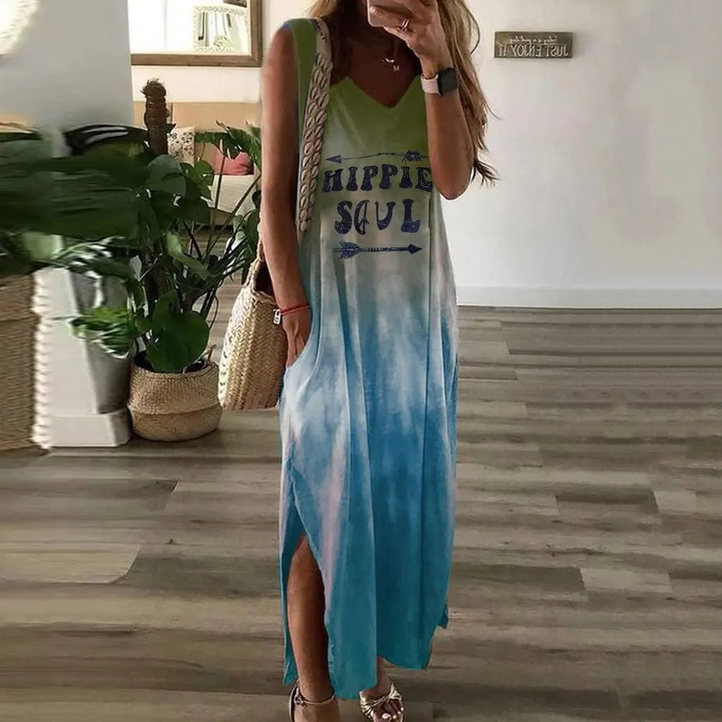 Women's Summer Maxi Dresses Casual Loose Sundress Sleeveless Tie Dye Print Dress Vintage Graphic Hippy Soul Tank Dress