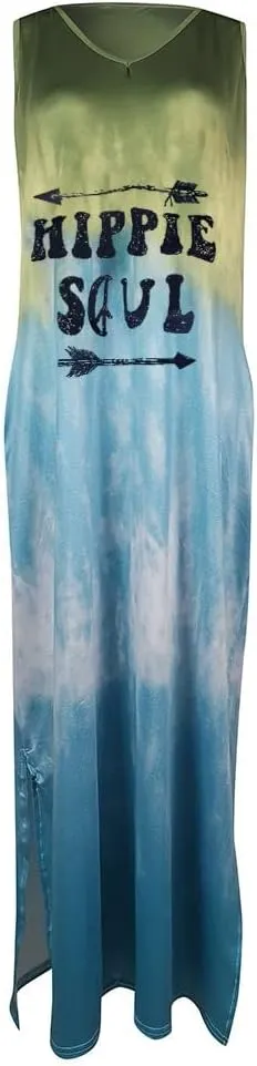 Women's Summer Maxi Dresses Casual Loose Sundress Sleeveless Tie Dye Print Dress Vintage Graphic Hippy Soul Tank Dress