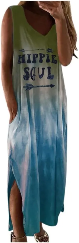 Women's Summer Maxi Dresses Casual Loose Sundress Sleeveless Tie Dye Print Dress Vintage Graphic Hippy Soul Tank Dress
