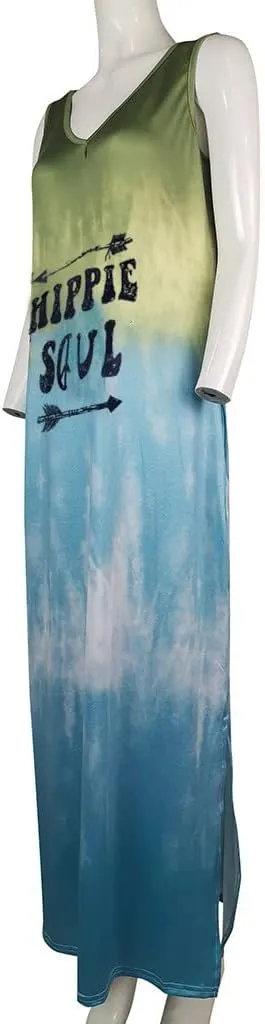 Women's Summer Maxi Dresses Casual Loose Sundress Sleeveless Tie Dye Print Dress Vintage Graphic Hippy Soul Tank Dress