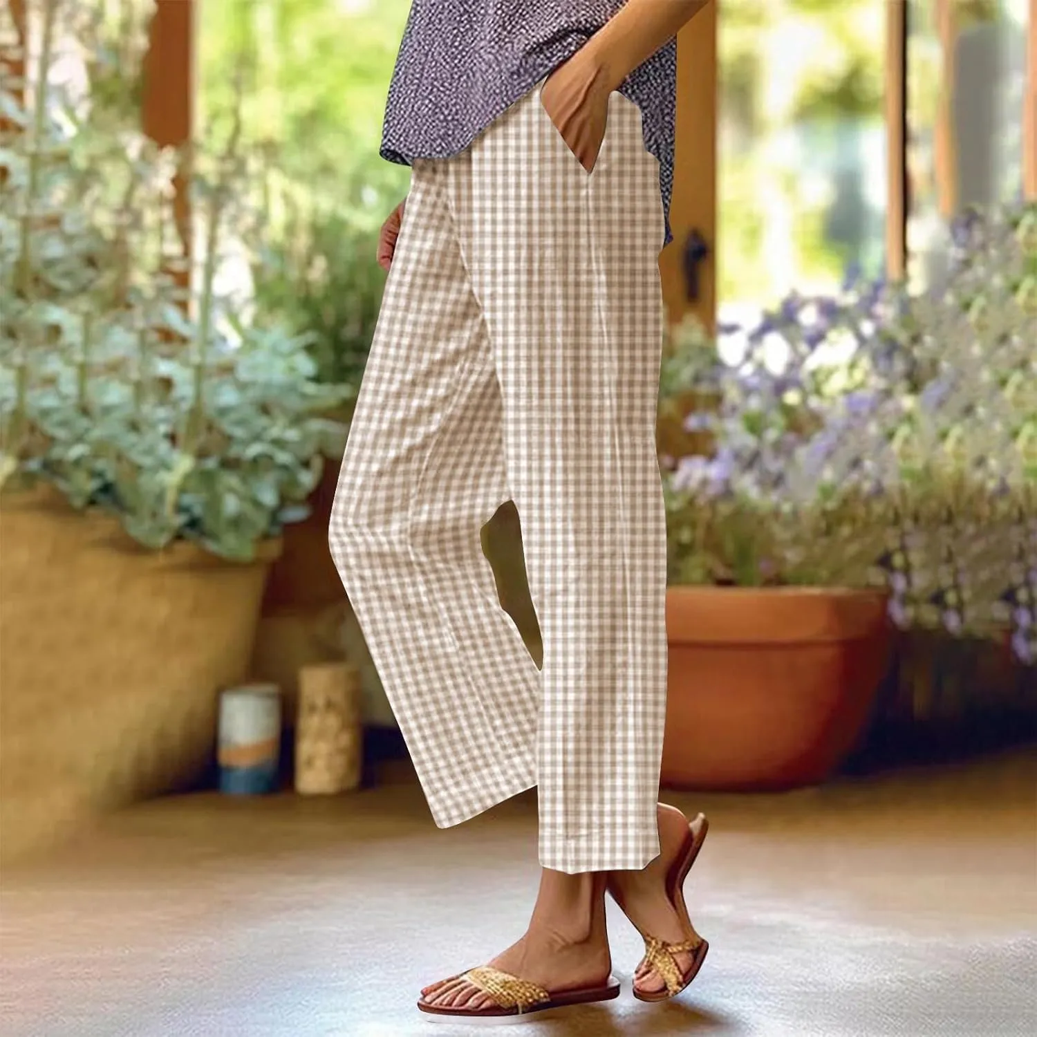 Womens Summer Pants Casual Cotton Linen Checkered Straight Leg Pants Loose Fit Work Business Long Trousers