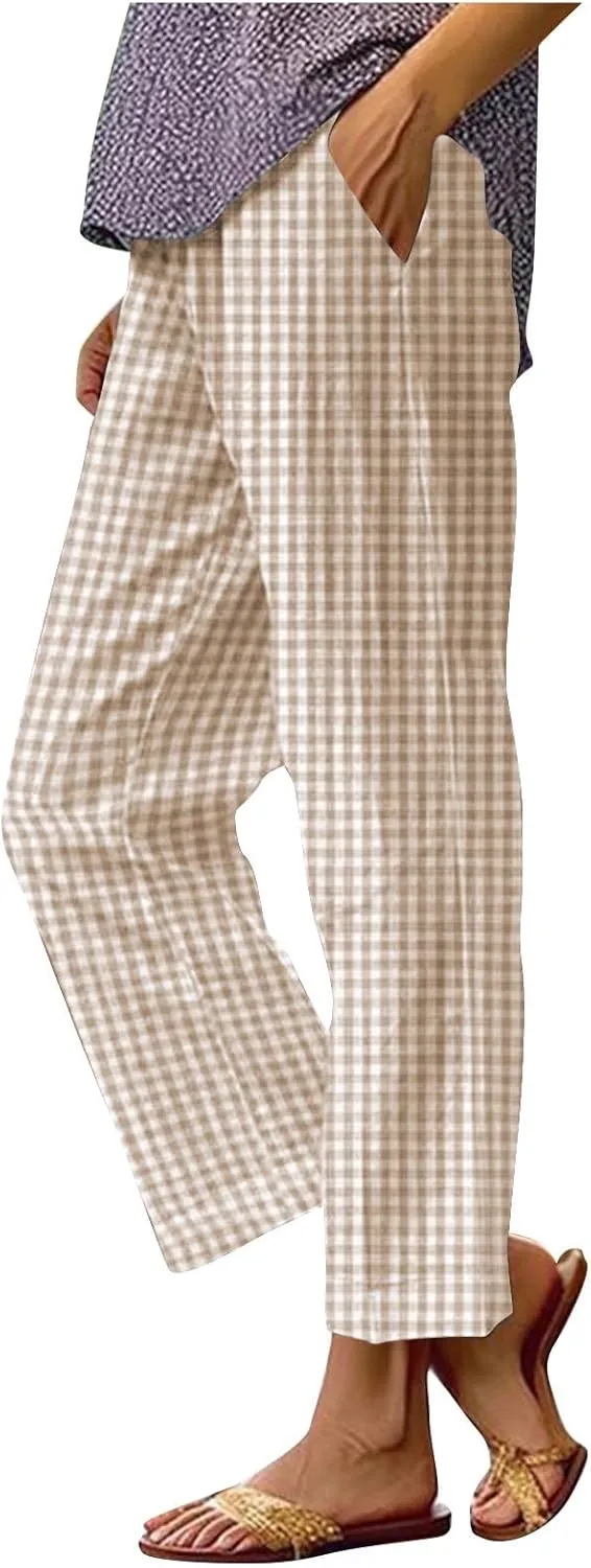 Womens Summer Pants Casual Cotton Linen Checkered Straight Leg Pants Loose Fit Work Business Long Trousers