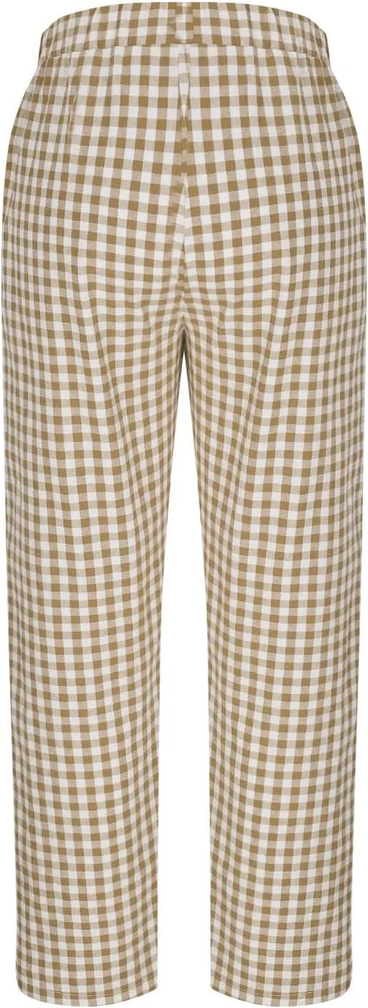 Womens Summer Pants Casual Cotton Linen Checkered Straight Leg Pants Loose Fit Work Business Long Trousers