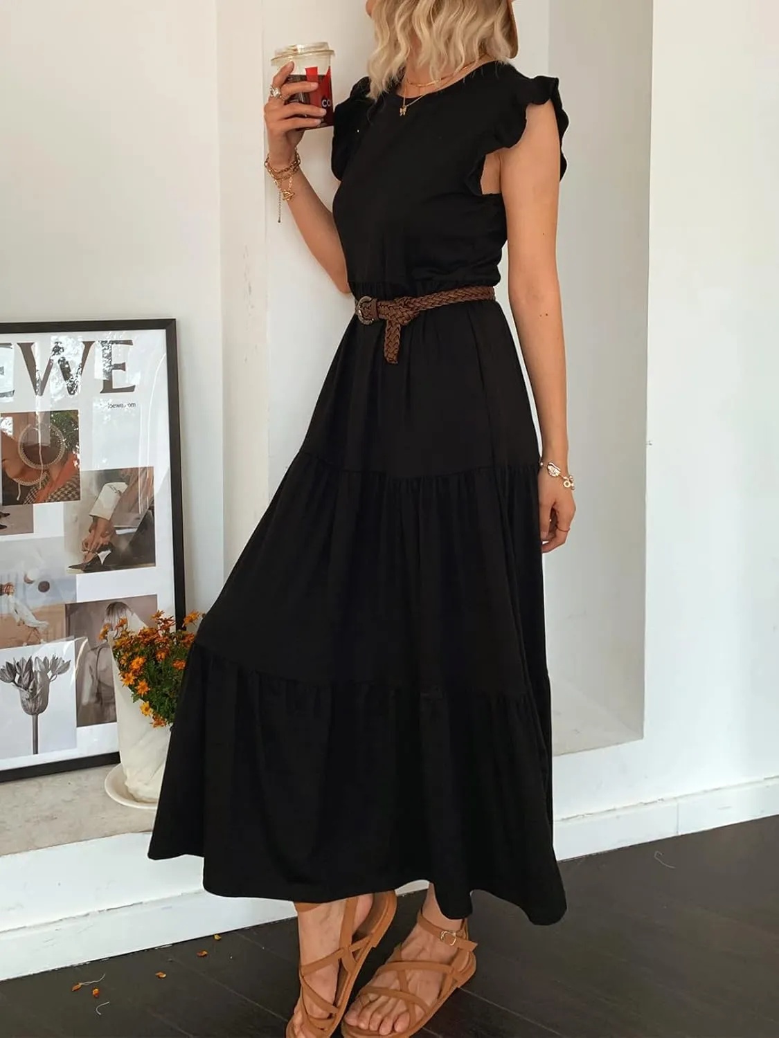 Women's Summer Sleeveless Maxi Dress Ruffle Sleeve Crewneck Tiered Flowy Pleated Casual A Line Sundress with Pockets