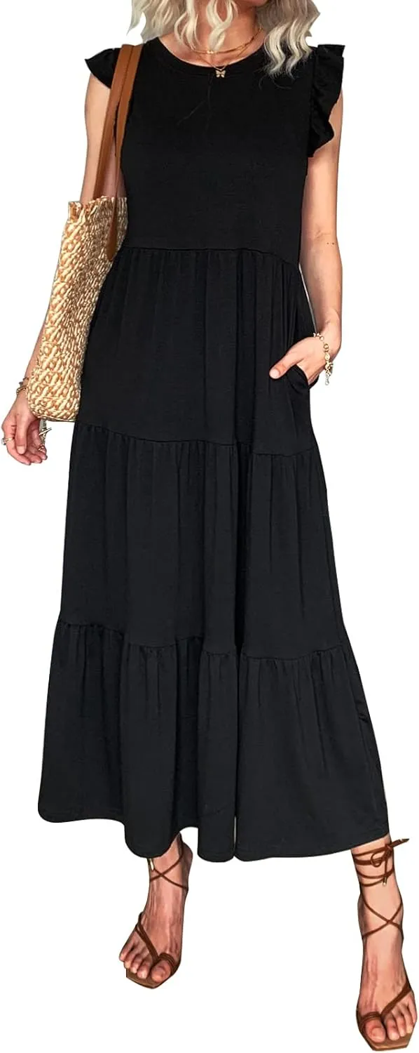Women's Summer Sleeveless Maxi Dress Ruffle Sleeve Crewneck Tiered Flowy Pleated Casual A Line Sundress with Pockets
